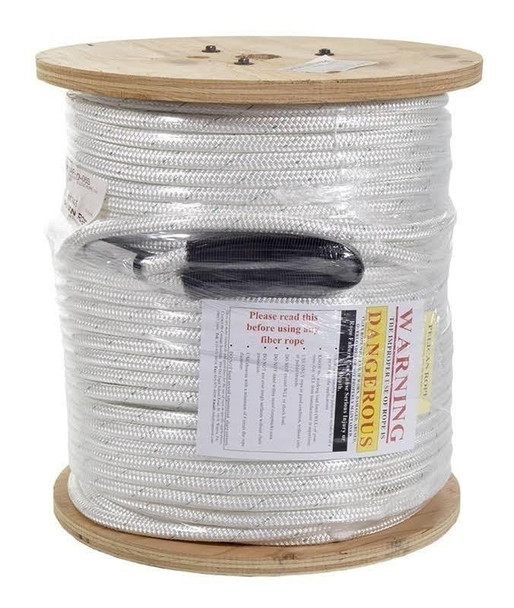 J.Racenstein Rope Braided 1/2in White 400ft, spool of white braided fiber rope on a wooden reel with warning labels