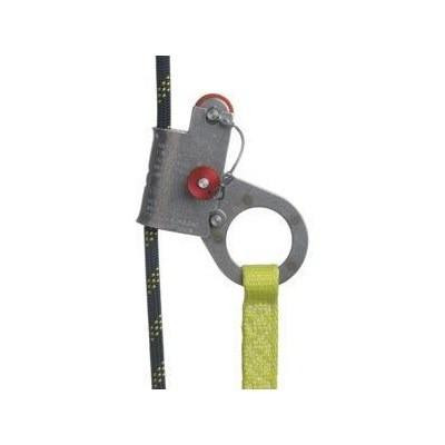 Gemtor Rope Grab 5/8in with 3ft Lanyard, a safety equipment for fall protection, featuring a metal body, red adjustment wheel, yellow lanyard, and black adjustable strap.