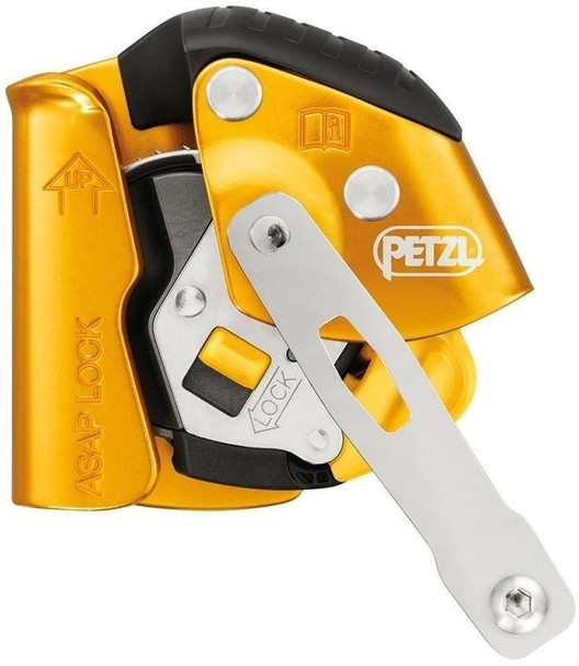 Petzl ASAPLock FallArrester with lock function Rope Grab, yellow and black climbing safety device with locking mechanism and metal safety latch.