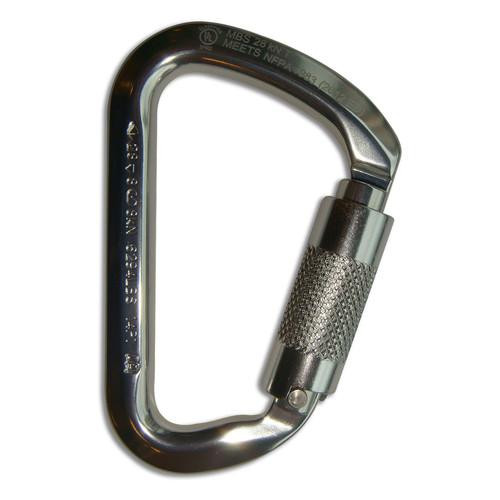ProTool Carabiner Modifed D Alum Twist Lock, close-up of a sturdy, metallic carabiner with a twist lock mechanism and textured grip for secure fastening.
