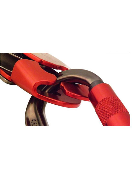 J.Racenstein ISC Descender D4 7/16in, D5 1/2in climbing equipment with red safety lock and screw-lock mechanism for secure hand and foot holds.