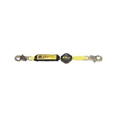 DBI/Sala Lanyard EZStop Retrax 2 1/2ft - 6ft, yellow and black safety lanyard with metal hooks on both ends for fall protection.