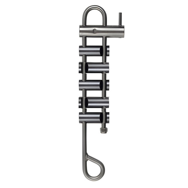 J.Racenstein Rappel Rack - SS Tie Off Bar, 2 SS bars with groove and 3 SS no groove bars, stainless steel rappel rack with multiple bars and hooks for climbing and rappelling safety.