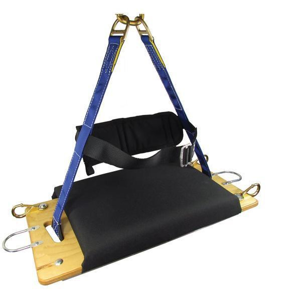 J.Racenstein Sky Genie Descent Control Bosun's Chair, rescue and safety descent control device with a sturdy wooden seat, safety harness, and secure attachment points.