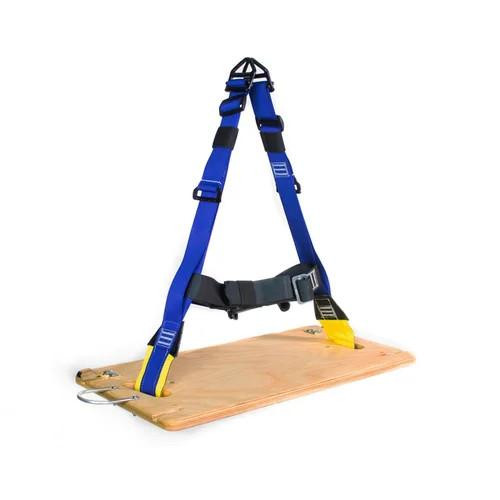 J.Racenstein Sky Genie Descent Control Bosun's Chair, rescue and descent device with adjustable blue straps and a wooden platform.