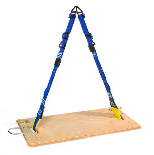 J.Racenstein Sky Genie Descent Control Bosun's Chair, adjustable harness with blue straps and wooden platform for safe descent control in rescue operations.