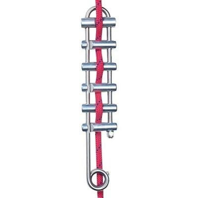 J.Racenstein Rappel Rack only 14in Bluewater, a metal rappel rack held by a red climbing rope.