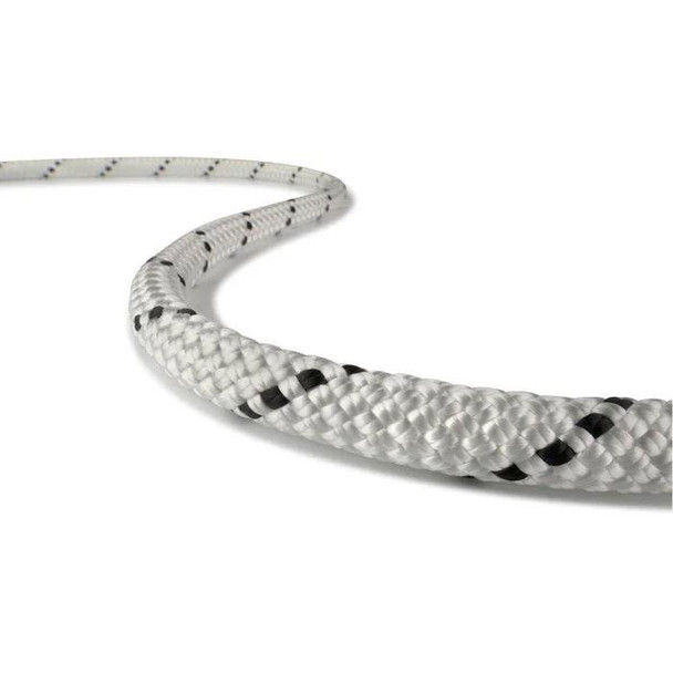 Teufelberger KM PRO Rope 7/16in White 600, close-up of a durable white climbing or utility rope with black specks for enhanced visibility.