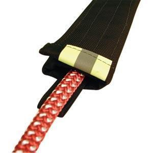 J.Racenstein Pigeon Mountain Rope Protector PMI, close-up of black protective sleeve with a red and white braided rope passing through it.