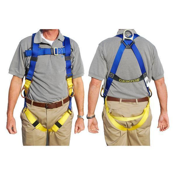 Gemtor #922 Harness with side D-rings, safety harness with blue straps, yellow leg straps, and side D-ring attachments for fall protection.