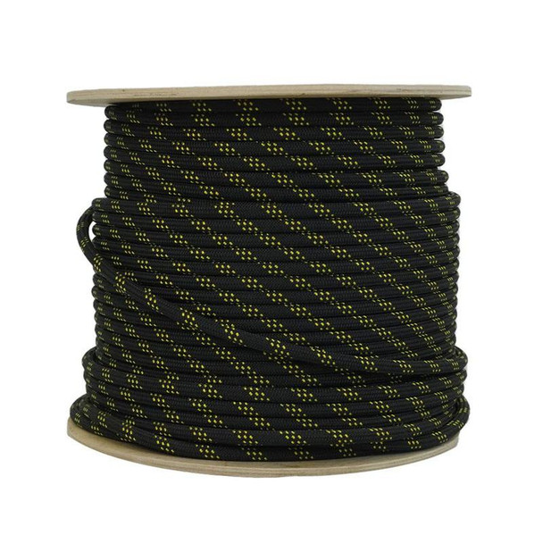 Teufelberger KMIII Rope 7/16in Max, black rope with yellow dashed pattern wound on a round wooden spool.