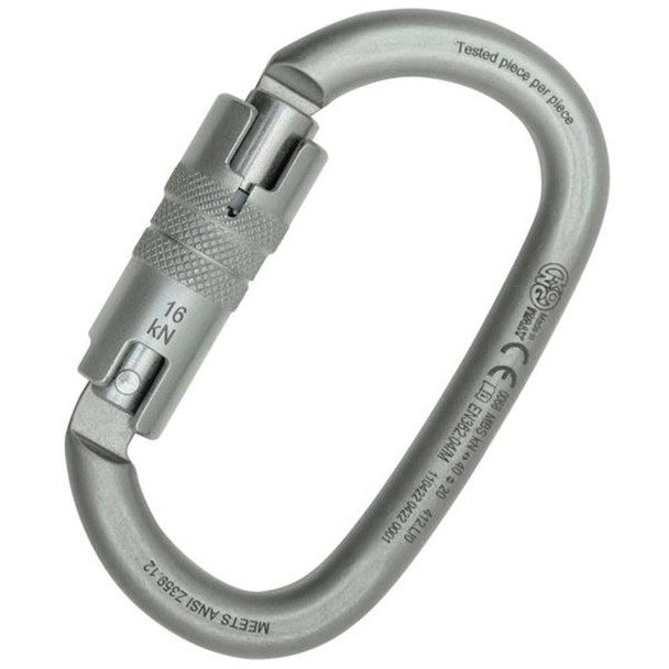 J.Racenstein ANSI OVALONE Twist Lock Connector KONG Lunar White, a silver-colored carabiner with a twist lock mechanism.