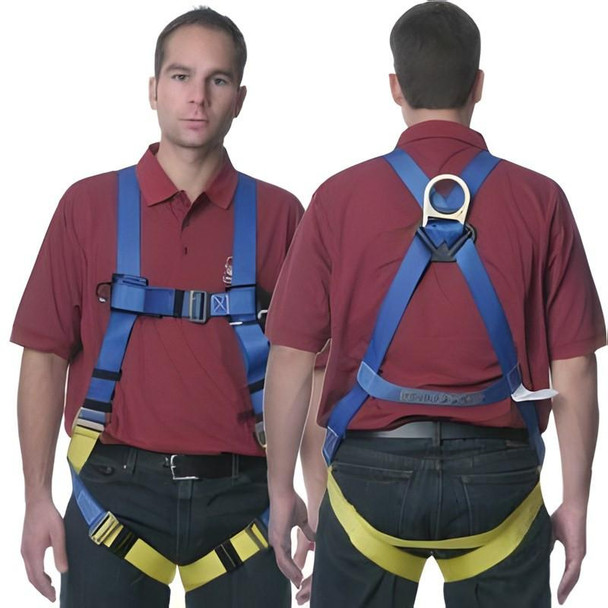 J.Racenstein Harness Lightweight Gemtor, two views showing front and back of the safety harness worn by a man in a red shirt, with blue straps and yellow leg straps for fall protection.
