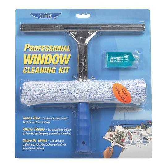 Ettore Professional Window Cleaning Kit with soap, window squeegee, scrubber pad, and spray bottle for efficient window cleaning.