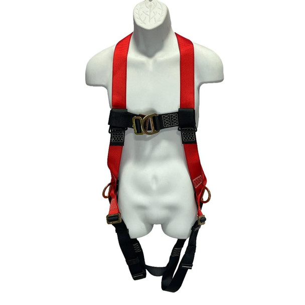 ProTool Harness with Front, Back and Side 2 Side D-Rings, red and black safety harness with adjustable straps and metallic D-rings for fall protection.