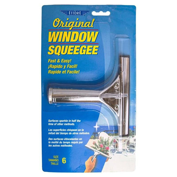 Ettore Classic Squeegees, product packaging featuring a stainless steel squeegee designed for cleaning windows quickly and easily.