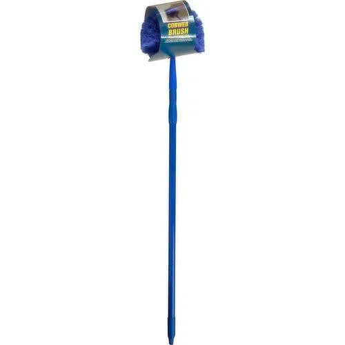 Ettore Cobweb Brush w/ 54in pole, an extendable cleaning tool with a blue handle and a round brush head designed for removing cobwebs from high ceilings and corners.