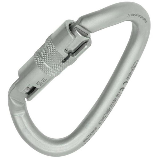 J.Racenstein ANSI OVALONE DNA Auto Block Connector KONG Lunar White, a close-up image of a silver-colored carabiner with a locking mechanism and textured grip.