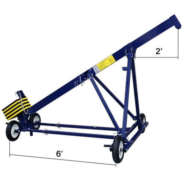 J.Racenstein Roof Rig 2x6 Aluminum MIO, a blue adjustable roof rack with wheels and measurement markers for lifting and transporting roof panels.