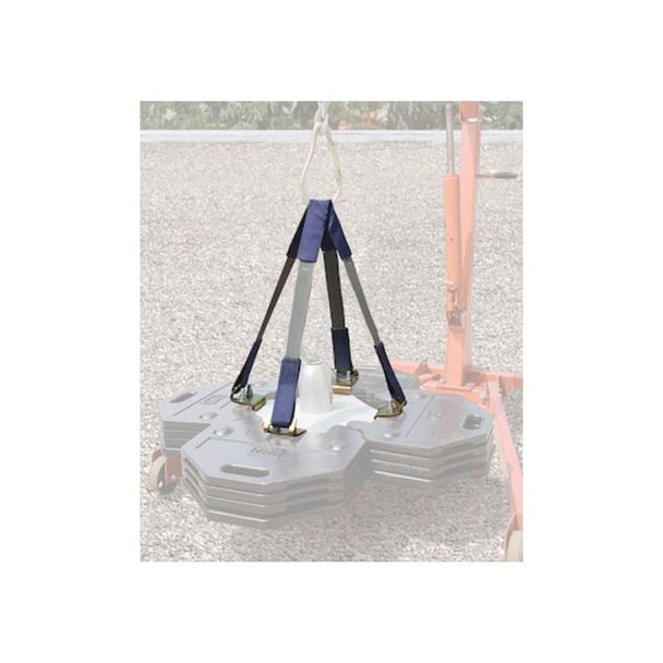DBI/Sala Lifting Kit for Counterweight Anchor, secured with straps to a heavy counterweight base for lifting and anchoring.