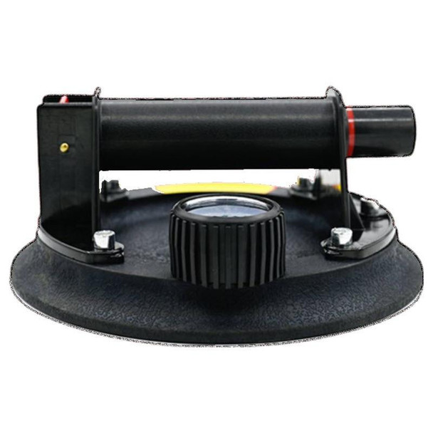 J.Racenstein ProTool Suction Cup 550LB 8in Manual Pump, heavy-duty black suction cup with handle and adjustable lever for lifting and securing objects.