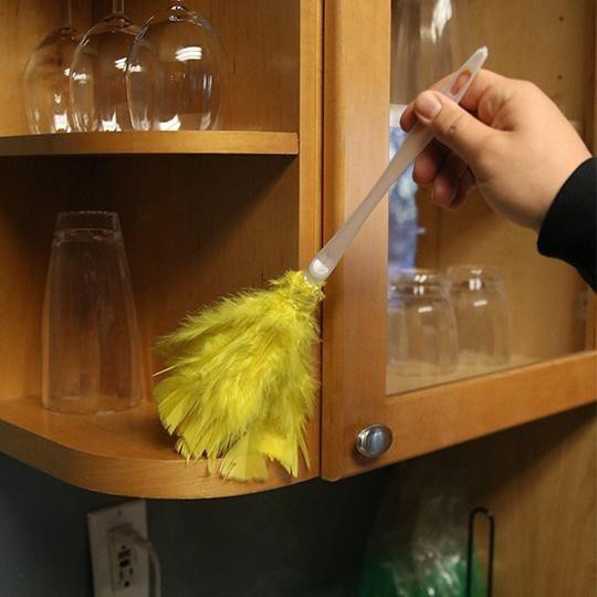Ettore Turkey Duster 14 inch, yellow feather duster cleaning glassware on a wooden cabinet.