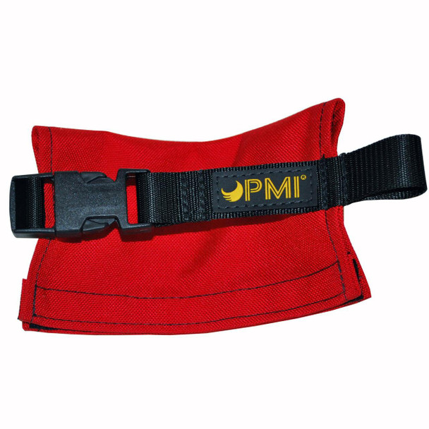 J.Racenstein Daisy Chain 3ft PMI, a red fabric safety leash with a black adjustable buckle and black strap featuring the PMI logo, designed for pet safety and control.