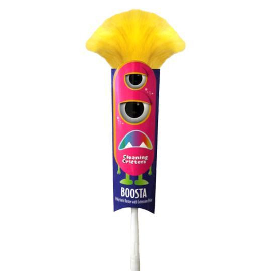Ettore BOOSTA, Poly Duster Ettore, colorful dusting stick with a yellow fluffy duster head and vibrant pink and purple handle with cartoonish eyes design.