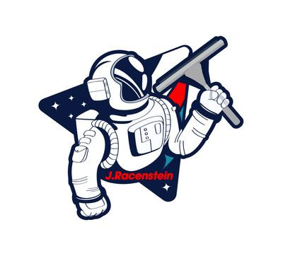 J.Racenstein Sticker Spaceman, illustration of a spaceman holding a flag with stars in the background and 'J.Racenstein' text in red.