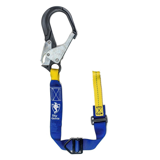 J.Racenstein 3rd Hand Ladder Strap SkyGenie, safety harness for securing ladders with a sturdy metal clasp and adjustable strap with bright yellow and blue colors.