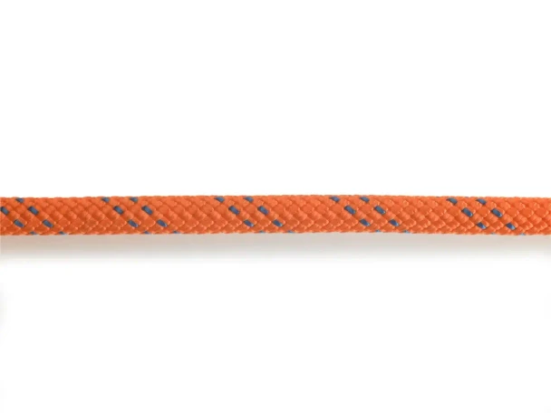 Teufelberger Rope KMIII 1/2in Orange, close-up of the durable, high-strength orange rope with blue and black accents against a white background.
