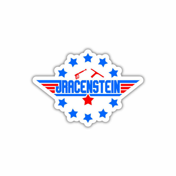J.Racenstein Stars and Squeegees Sticker, patriotic-themed sticker featuring stars, stripes, and tools with the brand name J.Racenstein in bold blue font.