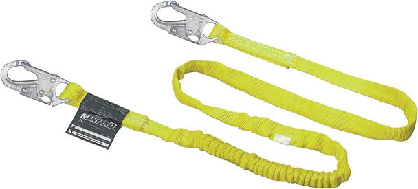 Miller Lanyard Shock Absorbing, yellow safety harness lanyard with metal hooks for fall protection.