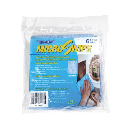 Ettore MicroSwipe Cloth 13x13 All Purpose 6pk, image of six microfiber cleaning cloths in a clear plastic package with blue label
