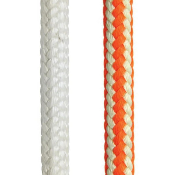 Teufelberger Safety Core HiVee Rope 1/2in, close-up of two safety ropes with braided design, one in white and one in orange and cream colors.