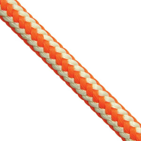 Teufelberger Safety Core HiVee Rope 1/2in, close-up of a braided utility or safety rope with orange and cream-colored strands. 