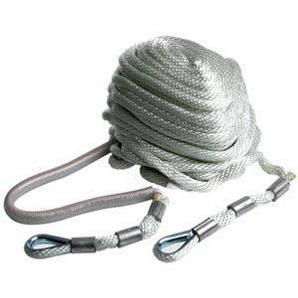 J.Racenstein Descent Control Sky Genie Rope, coiled gray climbing rope with metal hooks for safety and descent control.