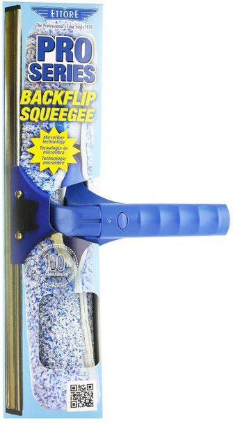 Ettore ProSeries Backflip 14 inch, product image showing a blue microfiber squeegee with an ergonomic handle on packaging.