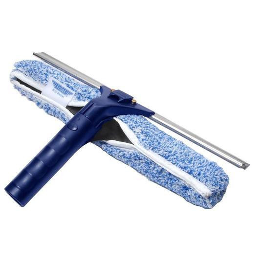 Ettore ProSeries Backflip 14 inch, cleaning squeegee with a blue handle and a microfiber mop pad for window washing.
