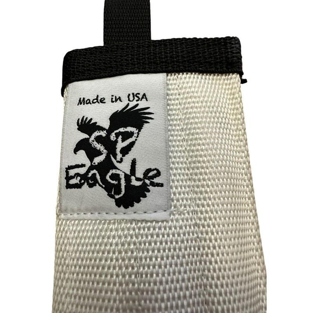 J.Racenstein Rope Protector 18in SP Eagle, close-up of the rope protector featuring a black loop at the top and a white woven fabric with a black and white logo patch reading 'Made in USA' and displaying an eagle design.