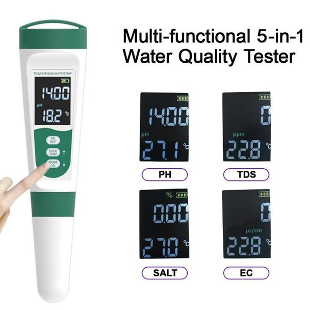 J.Racenstein TDS Meter Handheld TDS, pH, Salt, Temp, Quality multi-functional 5-in-1 water quality tester with digital display and control buttons.