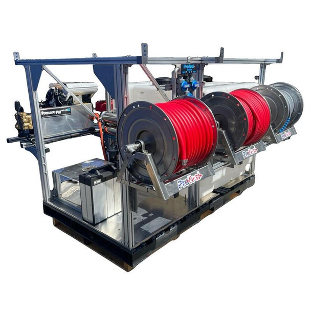 ProTool Mega Pressure Washing and Soft Washing Skid, industrial pressure washing equipment with large red hoses and metal frame for cleaning surfaces.