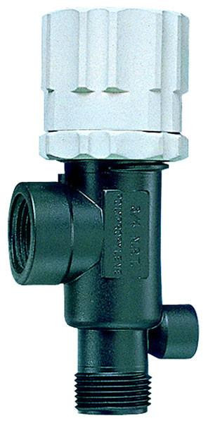 J.Racenstein Pump Regulator 150 PSI TeeJet, a black and white plastic pressure regulator valve for irrigation systems.