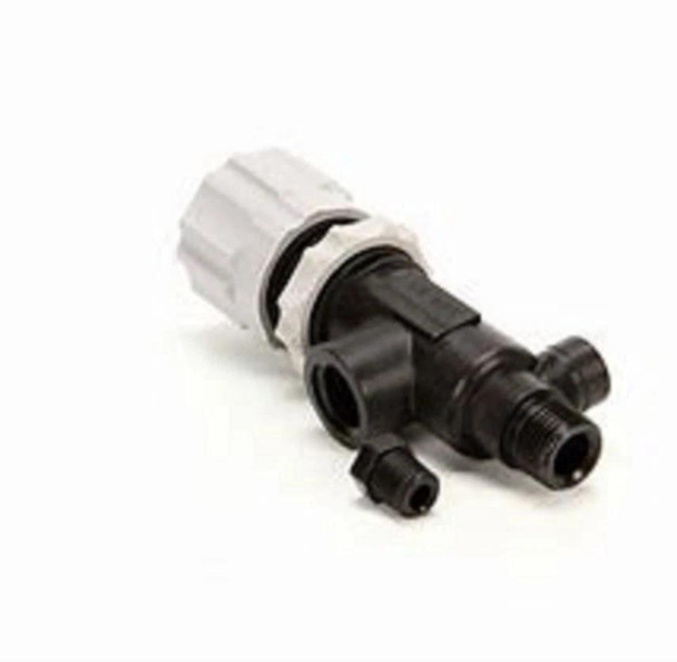 J.Racenstein Pump Regulator 150 PSI TeeJet, a compact black and white pump pressure regulator with threaded connections for irrigation systems.