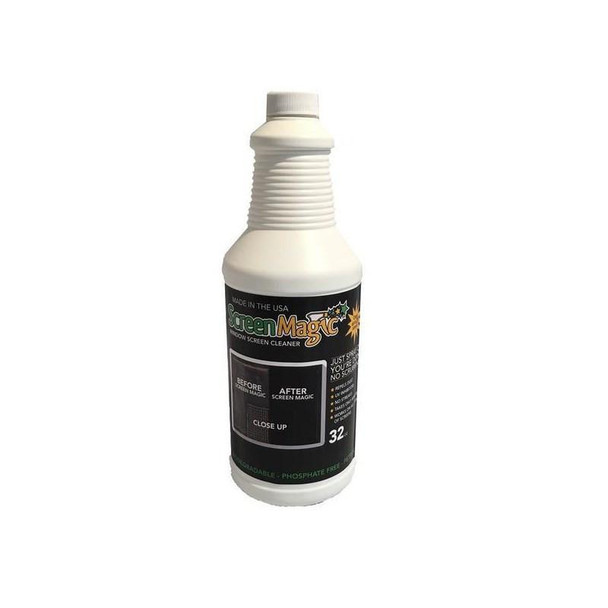 Screen Magic Cleaner and Restorer, a white spray bottle with a black label showing before and after images of a cleaned screen and emphasizing its cleaning capabilities.