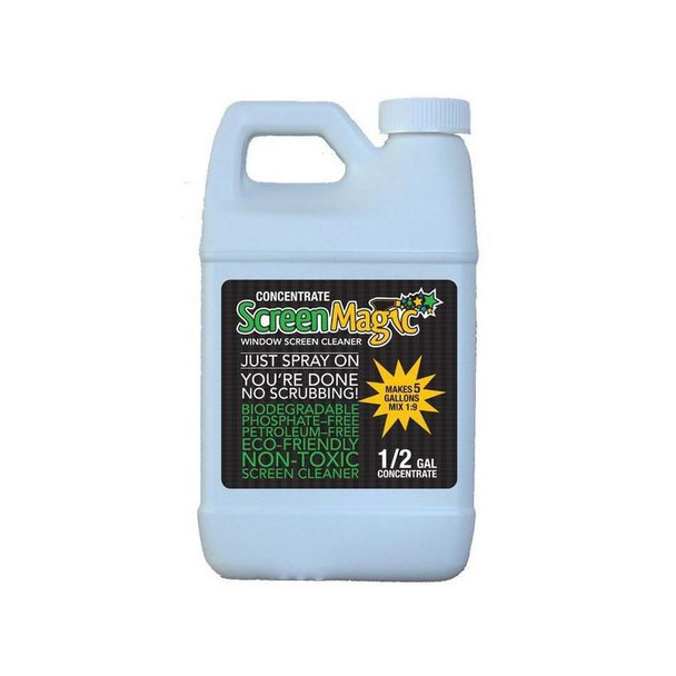 Screen Magic Cleaner and Restorer, plastic bottle of window screen cleaner with label indicating biodegradable, phosphate-free, petroleum-free, eco-friendly, non-toxic cleaning solution.