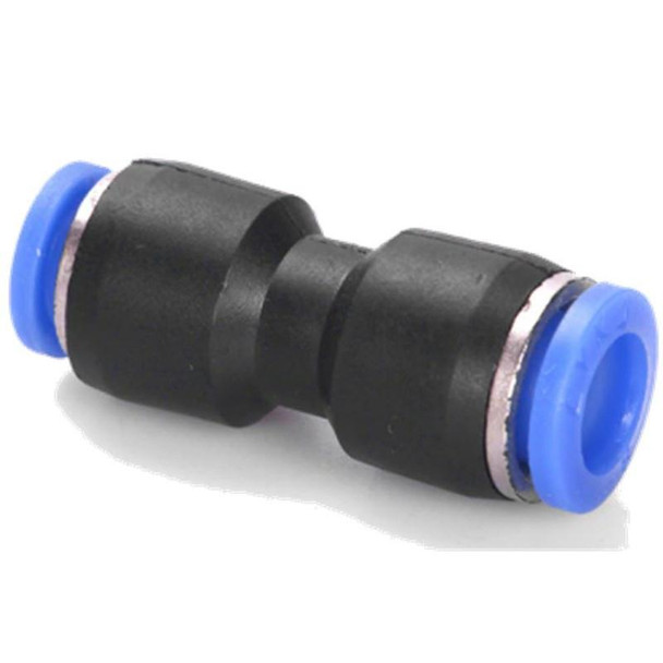 ProTool 5/16 Push Fit Union Connector, black and blue plastic push fit plumbing connector with metal rings on each end.