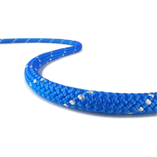 J.Racenstein Teufelberger KMIII Rope 7/16in Blue, close-up of a durable, braided blue climbing rope with white specks on a white background.