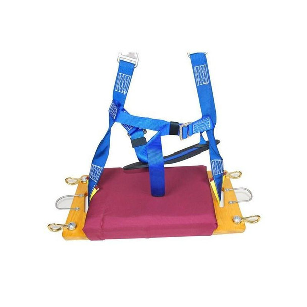 J.Racenstein MIO Window Cleaning Chair, safety harness with blue straps, wooden base with metal hooks, and cushioned seat for professional window cleaning safety.