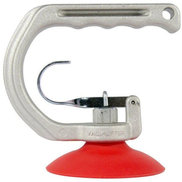 All Vac Industries All Vac Single Suction Cup, industrial vacuum lifting device with a metallic C-shaped frame, hook attachment, and red suction pad for secure grip.